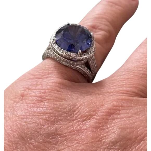 Engineered Sapphire Diamond CZ Platinum Over 925 Sterling Silver Ring Sz10 - Picture 1 of 9